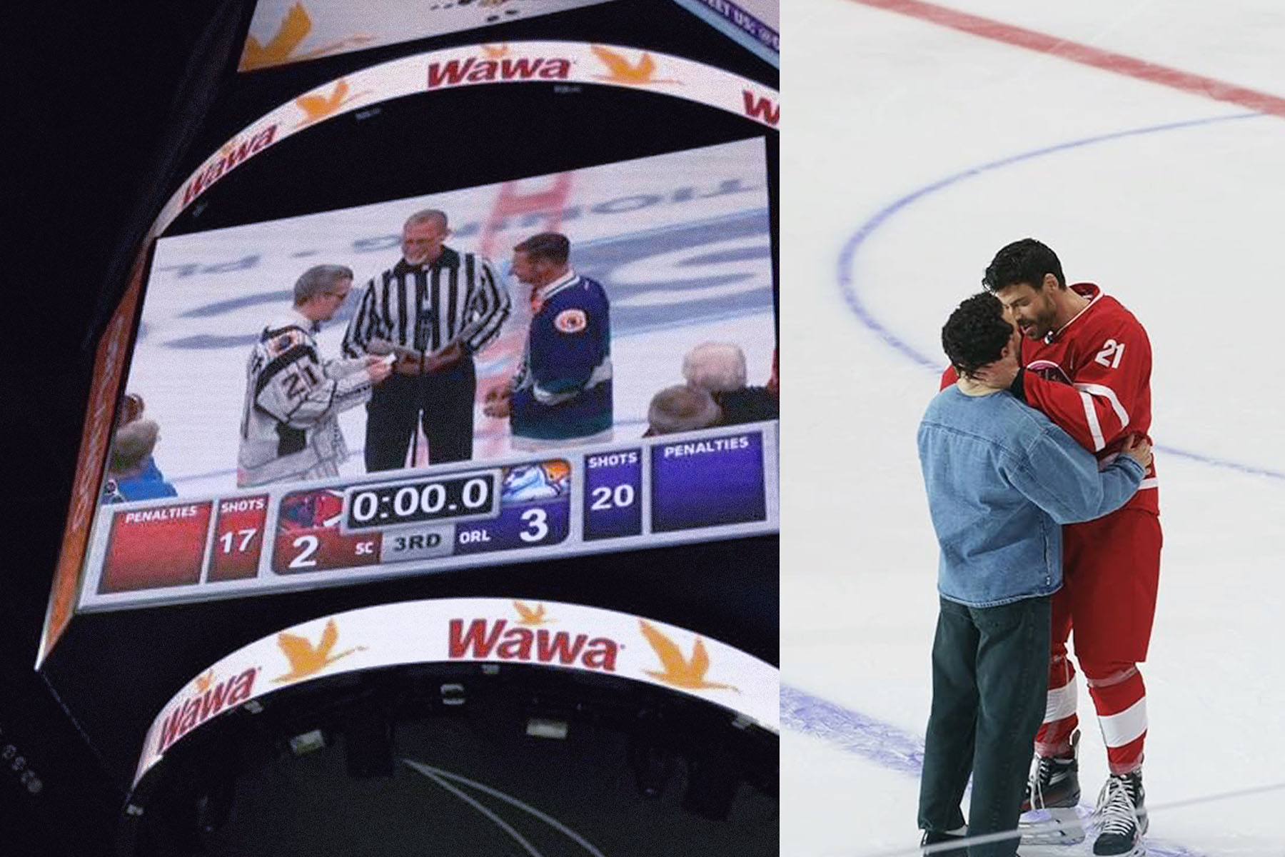 A split image shows, on the left, two men being married on an ice hockey rink with an officiant present, and on the right, two men embracing on the ice in a scene from a television series.