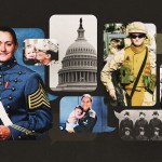 A graphic collage shows women in military uniforms, family photos, archival images of women service members and the U.S. Capitol arranged on a dark background.