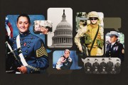 A graphic collage shows women in military uniforms, family photos, archival images of women service members and the U.S. Capitol arranged on a dark background.