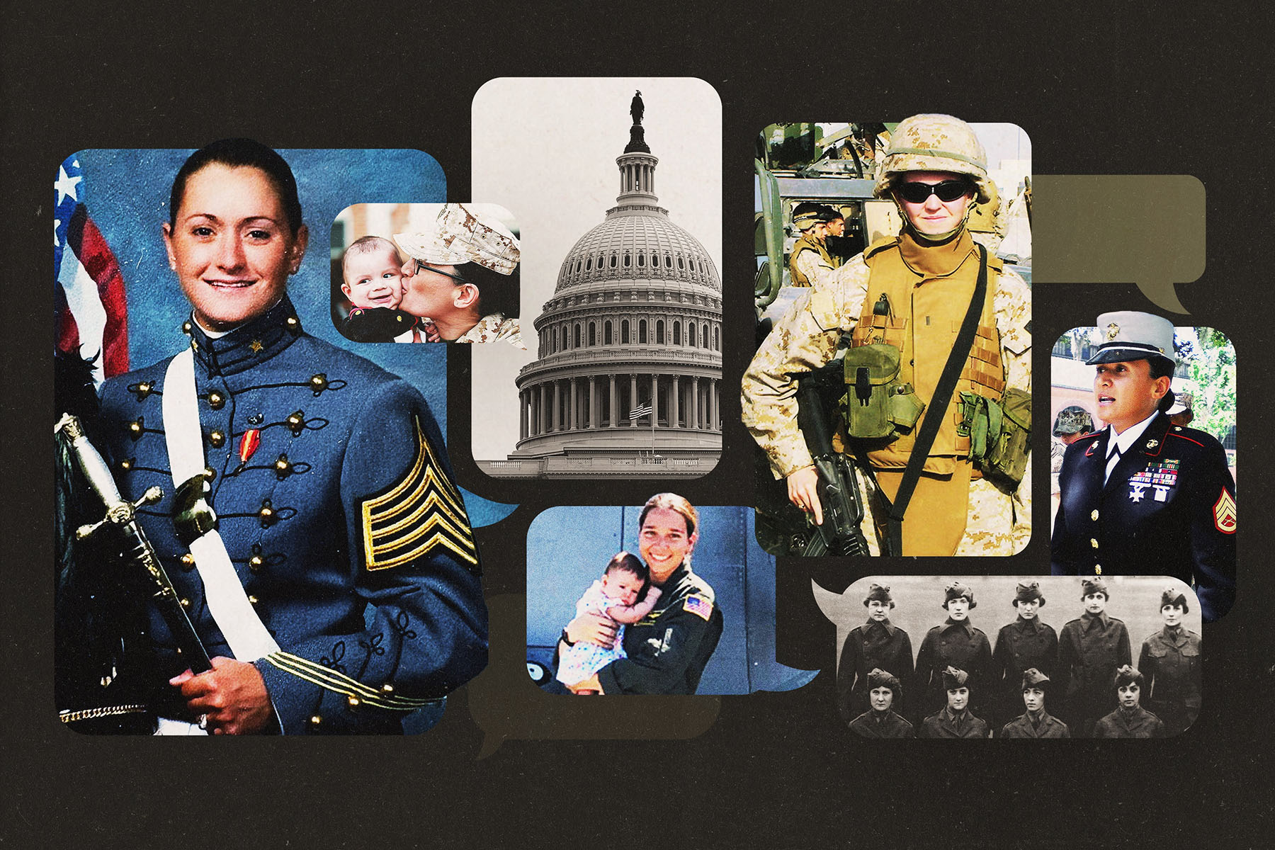 A graphic collage shows women in military uniforms, family photos, archival images of women service members and the U.S. Capitol arranged on a dark background.