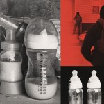 A collage-style image showing breast milk bottles on the left and Immigration and Customs Enforcement officers on the right. On the left, several baby bottles filled with breast milk sit closely together, some with measurement markings visible. On the right, two law enforcement officers wearing jackets labeled “police ICE” stand outside a residential house.