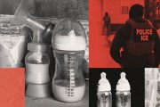 A collage-style image showing breast milk bottles on the left and Immigration and Customs Enforcement officers on the right. On the left, several baby bottles filled with breast milk sit closely together, some with measurement markings visible. On the right, two law enforcement officers wearing jackets labeled “police ICE” stand outside a residential house.