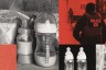 A collage-style image showing breast milk bottles on the left and Immigration and Customs Enforcement officers on the right. On the left, several baby bottles filled with breast milk sit closely together, some with measurement markings visible. On the right, two law enforcement officers wearing jackets labeled “police ICE” stand outside a residential house.