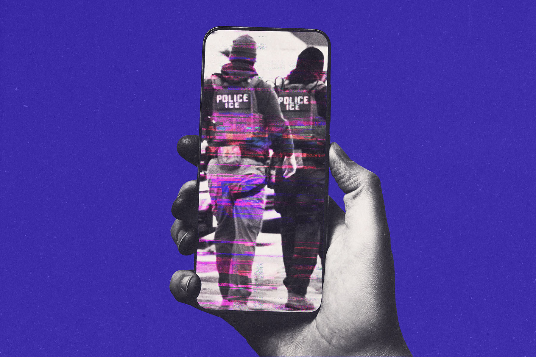 A hand holds a smartphone against a solid purple background. On the phone’s screen, a black-and-white image shows two officers walking away, wearing vests labeled “POLICE ICE,” partially obscured by pink digital glitch lines.