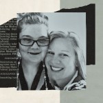 Black and white close-up of two women smiling with their heads close together. One wears glasses, the other has shoulder-length light hair. The image is layered over a dark background with faint printed legislative text partially visible.