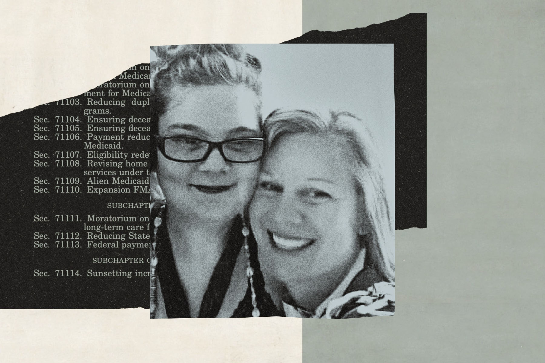 Black and white close-up of two women smiling with their heads close together. One wears glasses, the other has shoulder-length light hair. The image is layered over a dark background with faint printed legislative text partially visible.