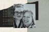 Black and white close-up of two women smiling with their heads close together. One wears glasses, the other has shoulder-length light hair. The image is layered over a dark background with faint printed legislative text partially visible.