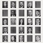 A grid of black and white headshots of federal judges appointed during President Donald Trump’s first year in office. Several squares are blank or shaded. The portraits are predominantly white men, with only a few women and judges of color.