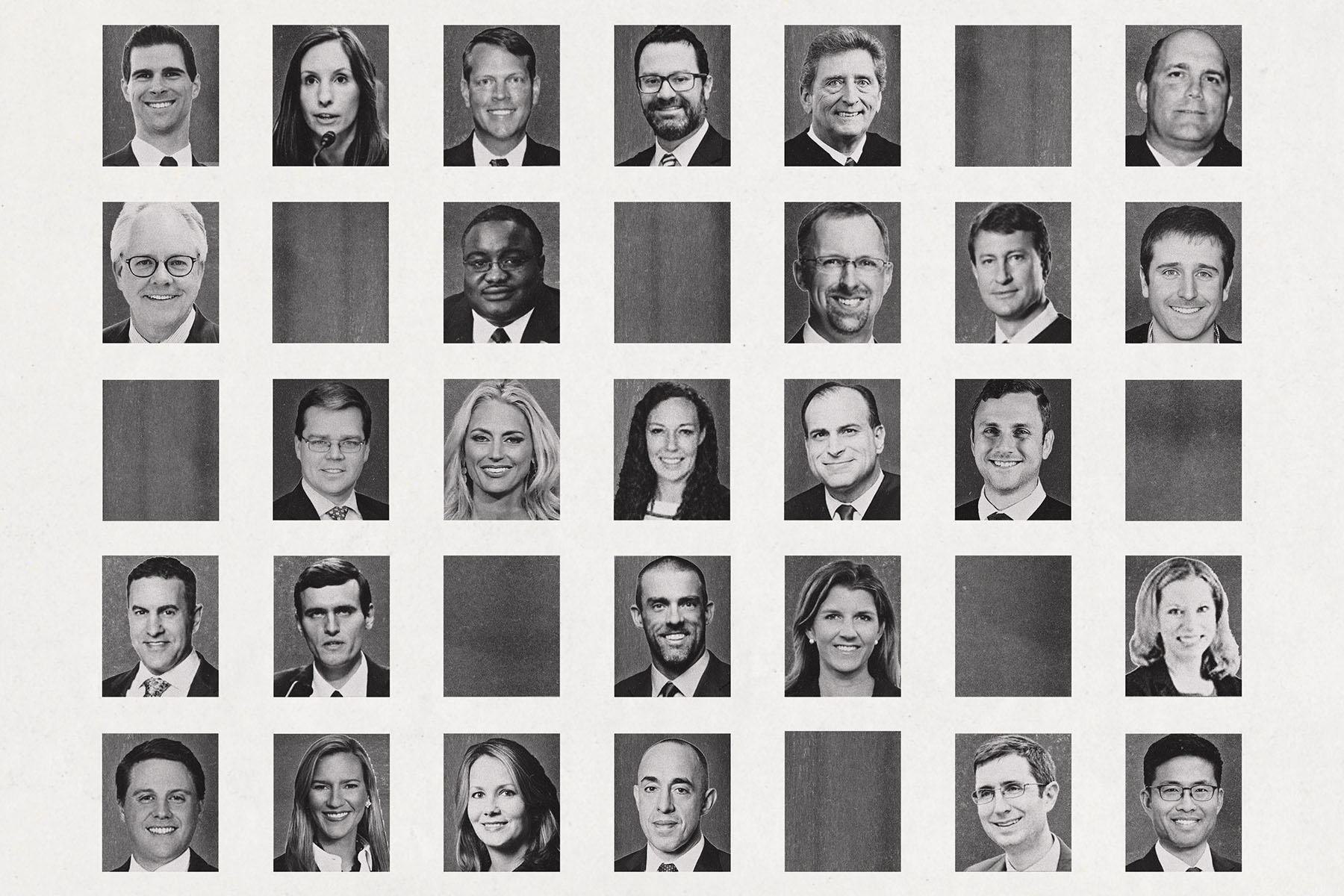 A grid of black and white headshots of federal judges appointed during President Donald Trump’s first year in office. Several squares are blank or shaded. The portraits are predominantly white men, with only a few women and judges of color.