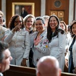 Reps. Nellie Pou, Yvette Clarke, Jill Tokuda, Teresa Leger Fernandez, Norma Torres and Marcy Kaptur look on prior to President Donald Trump's State of the Union address.
