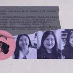 A collage shows a torn document listing professional degrees — including pharmacy, dentistry, veterinary medicine, law and medicine — layered above three purple-tinted headshots of smiling young women. On the left, an illustrated profile of a woman in a graduation cap appears inside a pink circle.