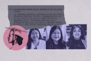 A collage shows a torn document listing professional degrees — including pharmacy, dentistry, veterinary medicine, law and medicine — layered above three purple-tinted headshots of smiling young women. On the left, an illustrated profile of a woman in a graduation cap appears inside a pink circle.