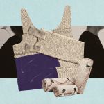 An illustration of chest binders and bandages on a teal backdrop.