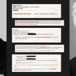 Composite image featuring two black-and-white portraits Jeffrey Epstein on the left and right, with a vertical column of screenshots of emails centered between them. The messages include correspondence referencing #MeToo, lists of men accused of sexual misconduct, and discussion of media strategy.