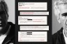Composite image featuring two black-and-white portraits Jeffrey Epstein on the left and right, with a vertical column of screenshots of emails centered between them. The messages include correspondence referencing #MeToo, lists of men accused of sexual misconduct, and discussion of media strategy.