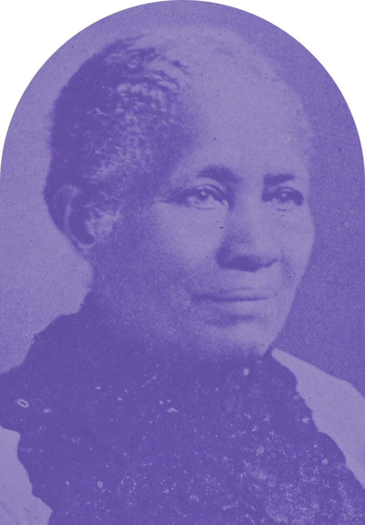 A purple-toned archival portrait of Frances Ellen Watkins Harper.