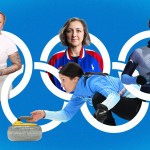 A composite illustration shows multiple women Olympic athletes against a blue background with white Olympic rings, including a pregnant athlete in a Team USA shirt, a curler reaching toward a stone, and two winter sport athletes in competition gear.