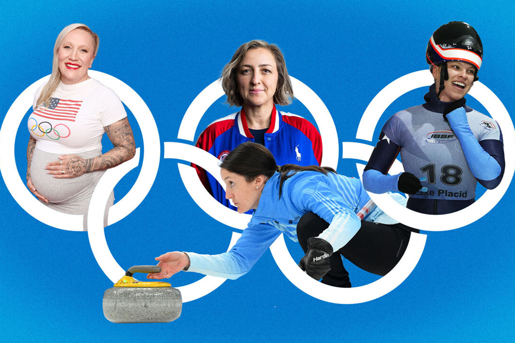 A composite illustration shows multiple women Olympic athletes against a blue background with white Olympic rings, including a pregnant athlete in a Team USA shirt, a curler reaching toward a stone, and two winter sport athletes in competition gear.