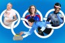 A composite illustration shows multiple women Olympic athletes against a blue background with white Olympic rings, including a pregnant athlete in a Team USA shirt, a curler reaching toward a stone, and two winter sport athletes in competition gear.