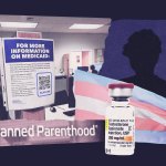 An illustration showing a transgender flag, testosterone bottle, and scenes from a health facility.