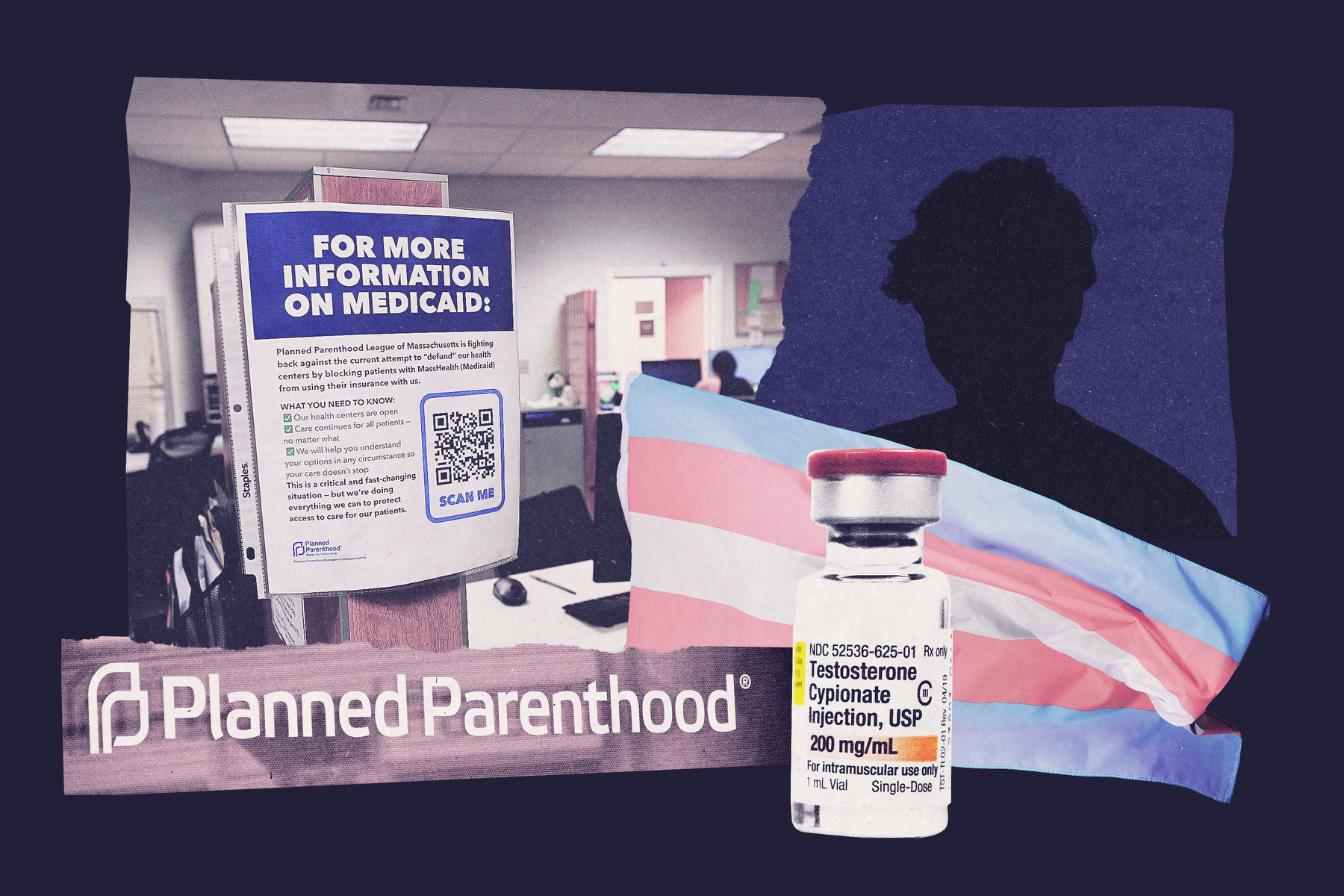An illustration showing a transgender flag, testosterone bottle, and scenes from a health facility.