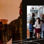 A diptych on a black background with a white scribble line across the bottom. Left image: close-up of two people holding hands at the top of a wooden staircase inside a home. Right image: a family of five stands on a porch behind a low brick wall, looking out toward the street.