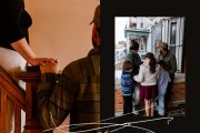 A diptych on a black background with a white scribble line across the bottom. Left image: close-up of two people holding hands at the top of a wooden staircase inside a home. Right image: a family of five stands on a porch behind a low brick wall, looking out toward the street.