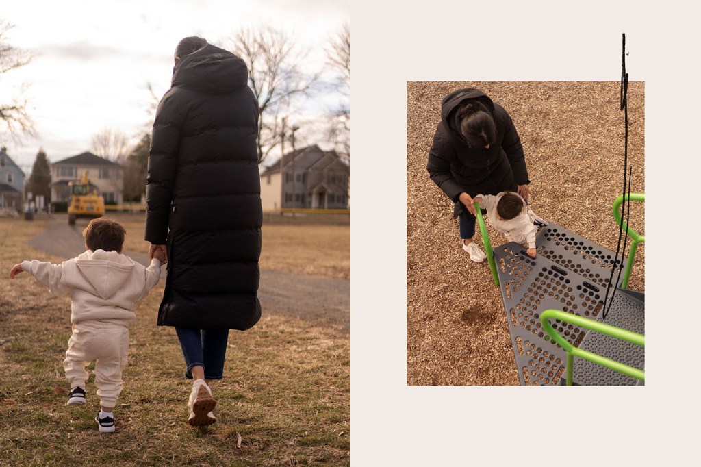 A diptych on a light background. Left image: a woman in a long black puffer coat walks across a grassy field holding hands with a small child in a light-colored outfit. Right image: a top-down view of the woman helping the child climb onto a playground structure with bright green rails.