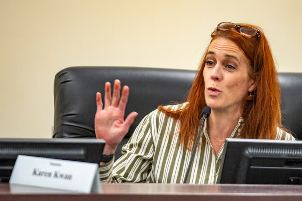 Dailey-Provost raises a hand and speaks as she is seated at a desk.