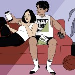 A couple sits on a couch split into two moods: on one side, a man with snacks, beer and a basketball remote watches sports. on the other, he wears a “keep abortion legal” shirt while he scrolls on his phone while holding his partner.