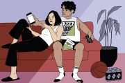 A couple sits on a couch split into two moods: on one side, a man with snacks, beer and a basketball remote watches sports. on the other, he wears a “keep abortion legal” shirt while he scrolls on his phone while holding his partner.