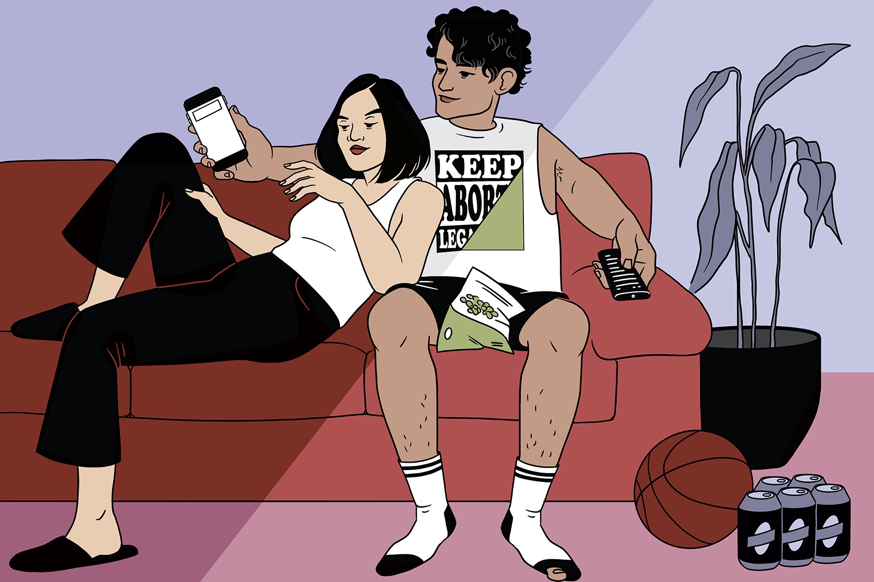 A couple sits on a couch split into two moods: on one side, a man with snacks, beer and a basketball remote watches sports. on the other, he wears a “keep abortion legal” shirt while he scrolls on his phone while holding his partner.