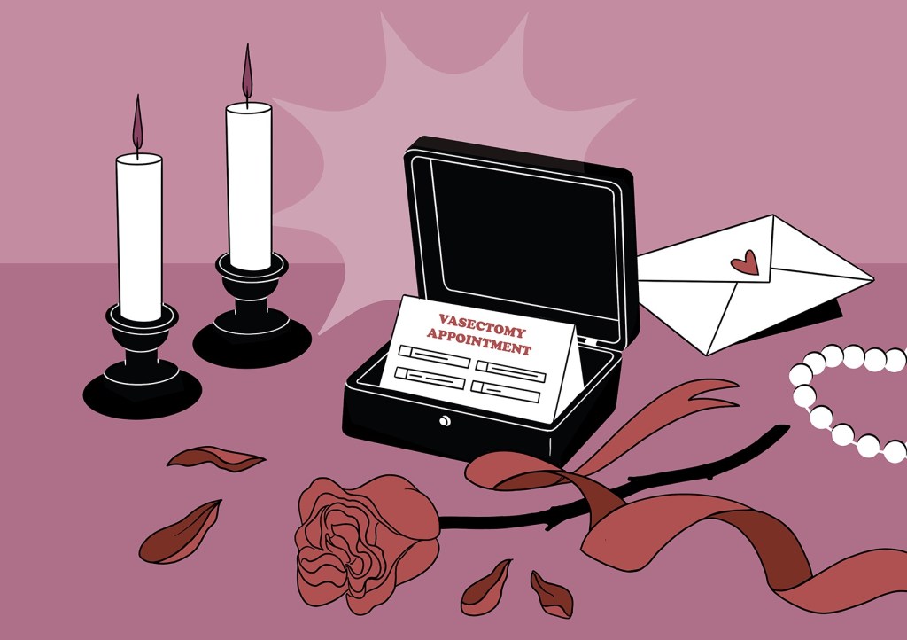 An open jewelry box sits beside lit candles, a rose and a ribbon, revealing a card labeled “vasectomy appointment,” styled like a romantic gift.