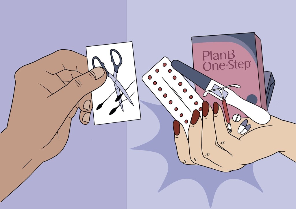 A male hand holds a card showing scissors cutting through stylized sperm, facing a manicured hand holding various contraceptives including a birth control pill pack, an IUD, emergency contraception labeled “Plan B One-Step,” and loose pills.