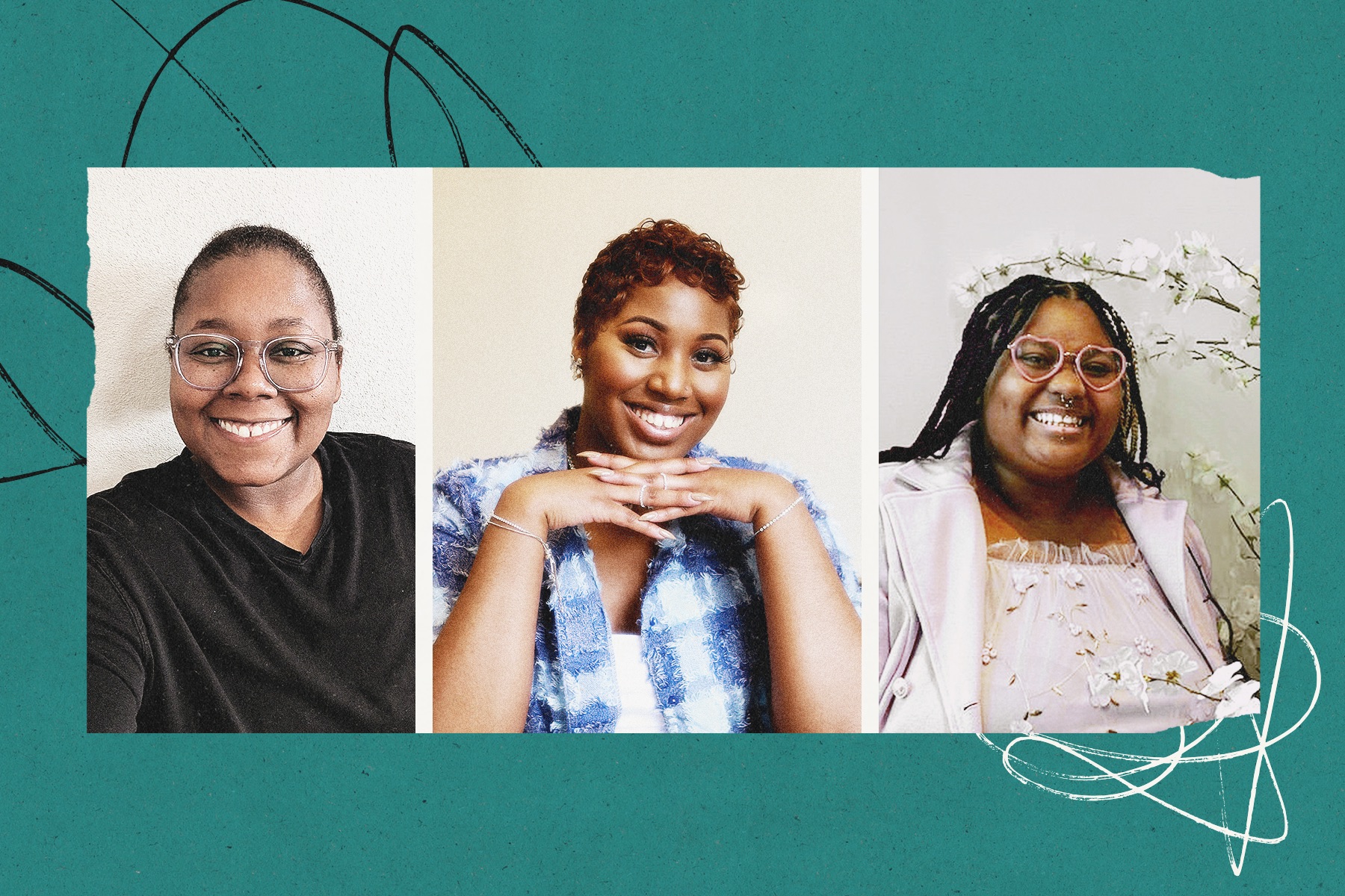 Portraits of three Black women smiling at the camera on a teal background.
