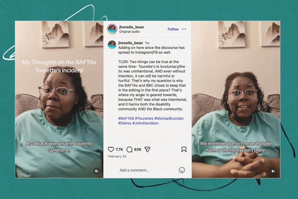 An illustration including screenshots from the social media posts alongside film stills of Bean against a teal background.