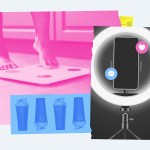 A collage-style illustration shows bare feet standing on a digital bathroom scale tinted pink, with a yellow measuring tape along the side. In the foreground are blue protein shaker bottles, and to the right a smartphone sits in a ring light on a tripod with social media icons.