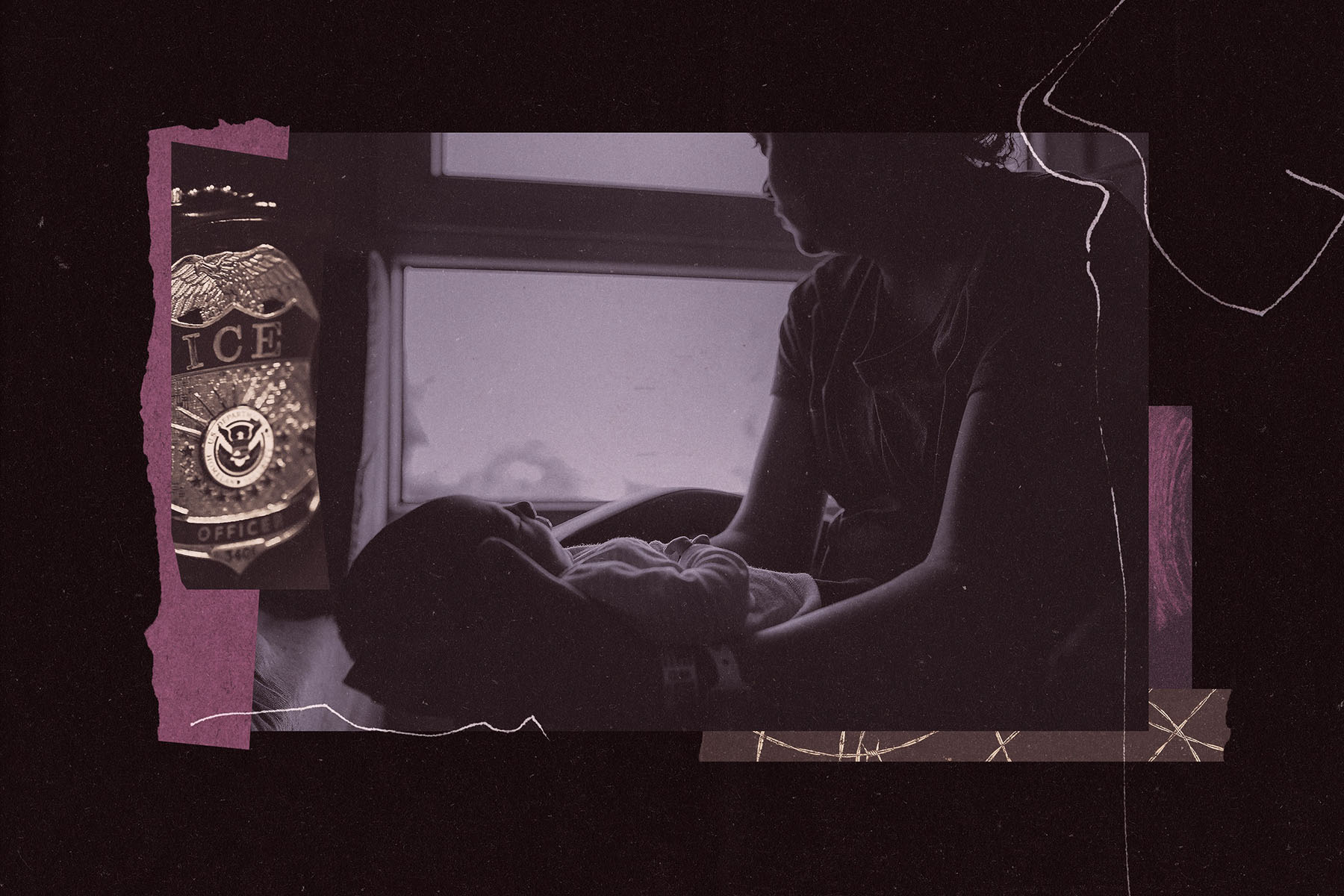 Collage of a silhouetted person sitting by a window holding a baby in their arms, while an Immigration and Customs Enforcement (ICE) badge appears alongside the scene.