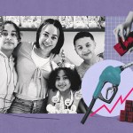 Illustration of a mother and her children alongside a gas pump, cash, and an upward-trending chart representing rising fuel costs.