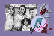 Illustration of a mother and her children alongside a gas pump, cash, and an upward-trending chart representing rising fuel costs.