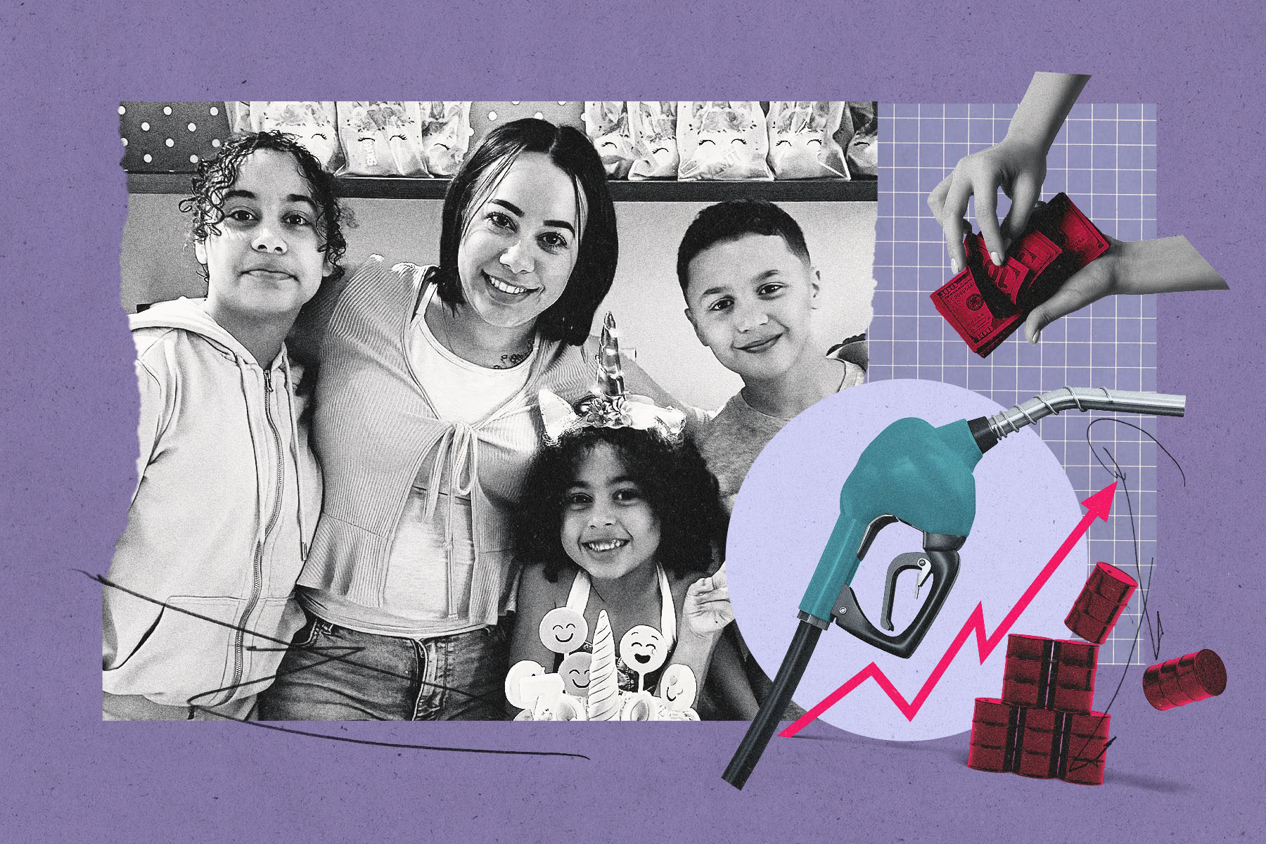 Illustration of a mother and her children alongside a gas pump, cash, and an upward-trending chart representing rising fuel costs.