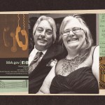 A collage featuring a black and white photo of a smiling couple overlaid with Social Security documents, a card reading “SSA.gov,” and images of telephone receivers and official paperwork.