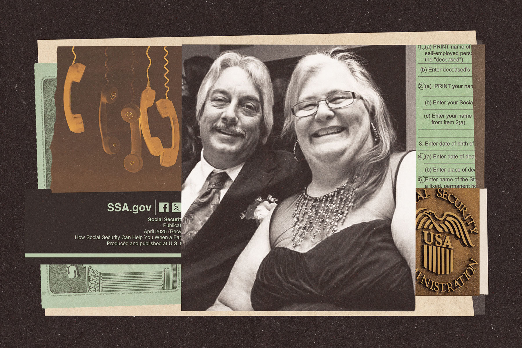 A collage featuring a black and white photo of a smiling couple overlaid with Social Security documents, a card reading “SSA.gov,” and images of telephone receivers and official paperwork.