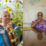 on the left, an older pastor stands among tall yellow sunflowers wearing a brightly patterned blue top; on the right, an older woman sits at a reflective table with her hand under her chin, a large map on the wall behind her.
