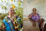 on the left, an older pastor stands among tall yellow sunflowers wearing a brightly patterned blue top; on the right, an older woman sits at a reflective table with her hand under her chin, a large map on the wall behind her.