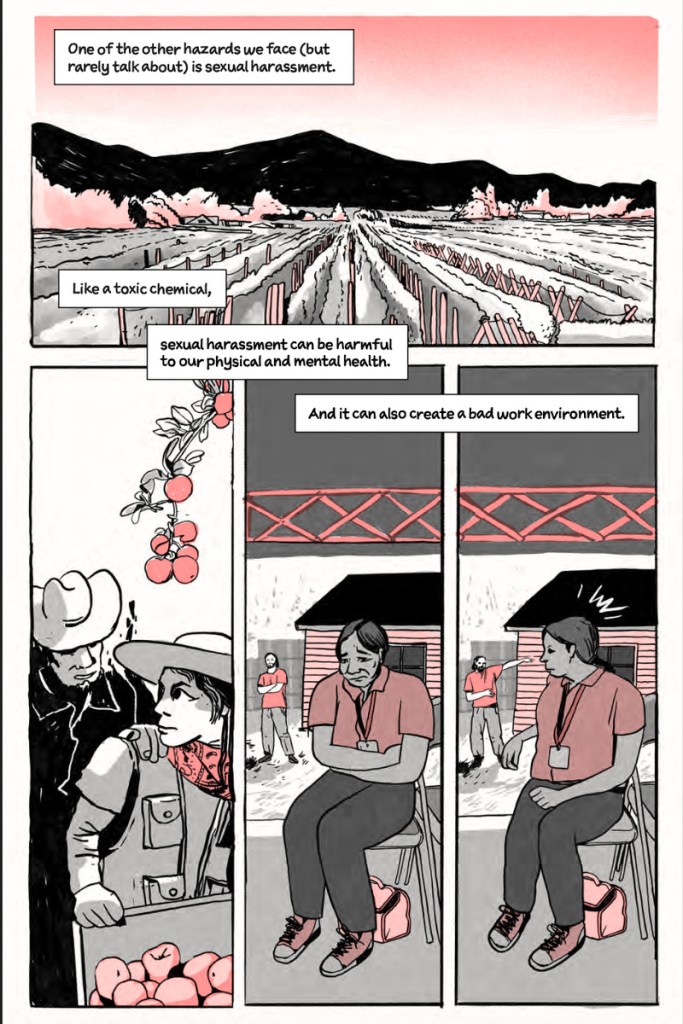 A scene from a comic showing various farm work landscapes and abusive interactions.