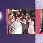 An illustration featuring photos of a woman and a family on a purple background with a crescent moon.