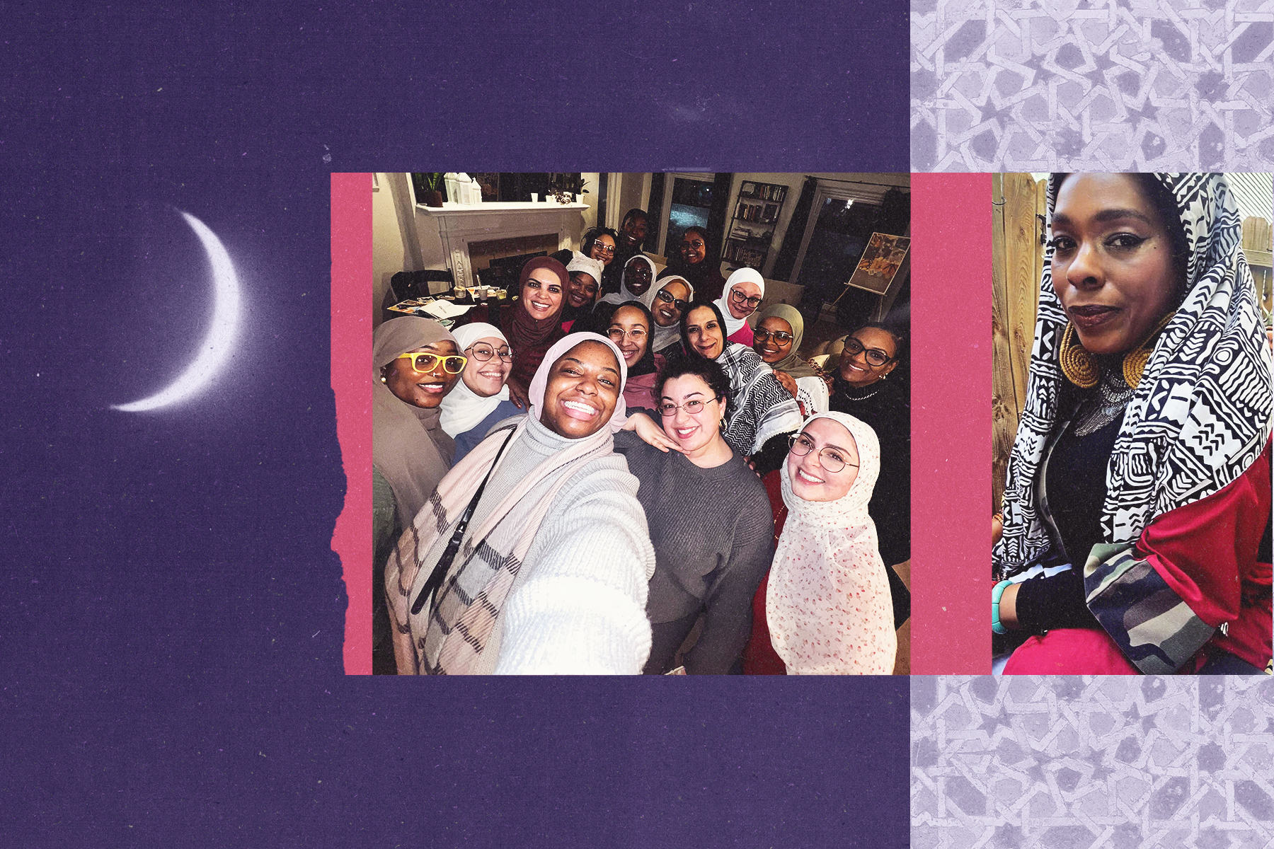 An illustration featuring photos of a woman and a family on a purple background with a crescent moon.