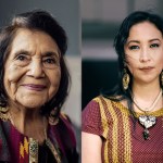 Side-by-side portraits of two women. On the left, an older woman with dark hair and a warm expression wears a colorful patterned jacket and gold earrings. On the right, a younger woman with long dark hair wears a red patterned blouse and large gold earrings, looking directly at the camera.
