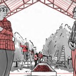 A scene from a comic book showing two people talking in a landscape of farmworkers on a farm.